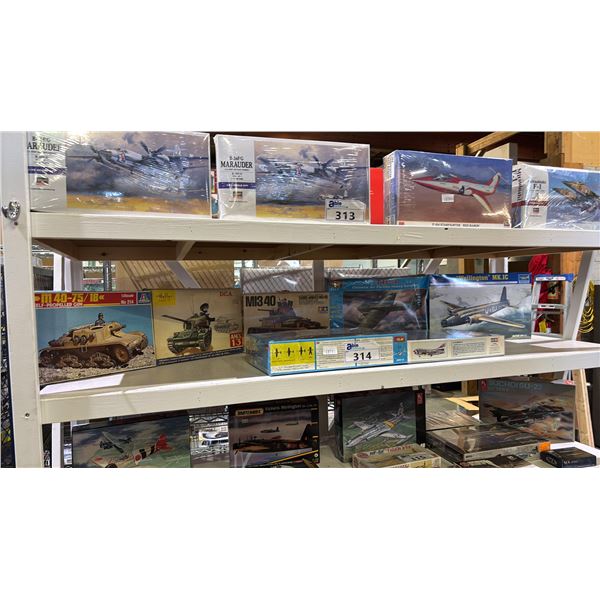 SHELF OF ASSORTED AIRPLANE & MILITARY TANK MODEL KITS: ITALERI, TAMIYA, HOBBY BOSS & MORE