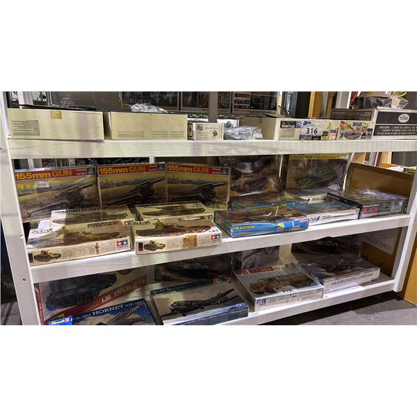 SHELF OF ASSORTED SHIP, AIRPLANE & GROUND VEHICLE MODEL KITS: DRAGON, HASEGAWA, TAMIYA & MORE