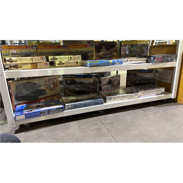 SHELF OF ASSORTED AIR & GROUND VEHICLE MODEL KITS: ITALERI, HASEGAWA, DRAGON & MORE