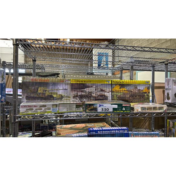 SHELF OF ASSORTED MILITARY VEHICLE MODEL KITS: * MOST ARE IN SEALED BOXES*