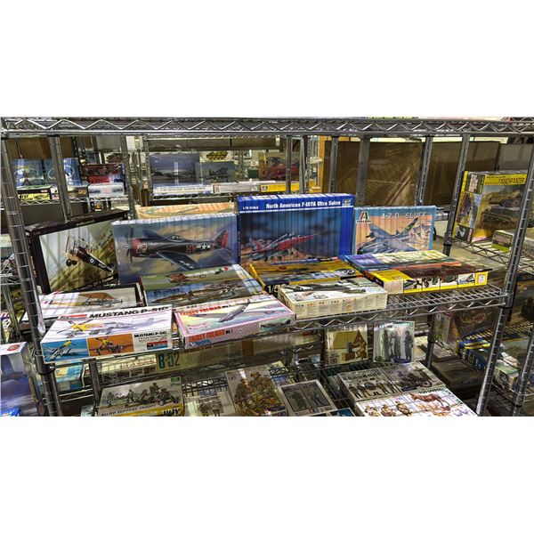 SHELF OF ASSORTED AIRPLANE MODEL KITS: MONOGRAM, TRUMPETER, HASEGAWA & MORE