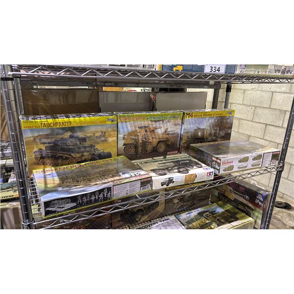 SHELF OF ASSORTED MILITARY VEHICLE MODEL KITS: DRAGON, TAMIYA & SMART KIT