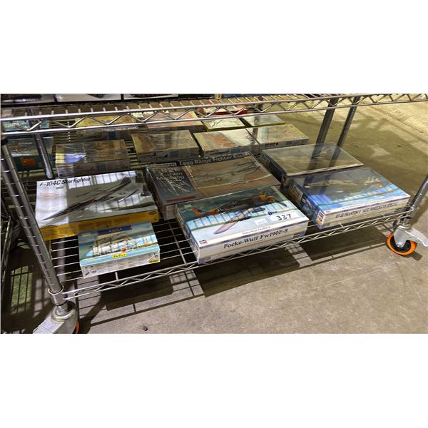 SHELF OF ASSORTED AIRPLANE MODEL KITS & 1 BOAT MODEL KIT: HELLER, HASEGAWA, MODELCRAFT & MORE