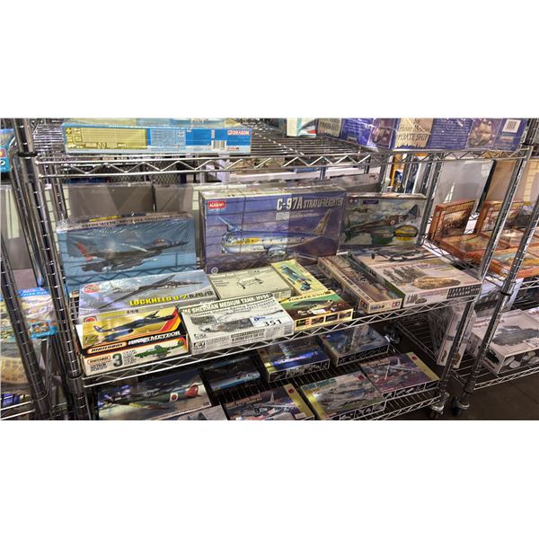 SHELF OF ASSORTED AIRPLANE & MILITARY VEHICLE MODEL KITS