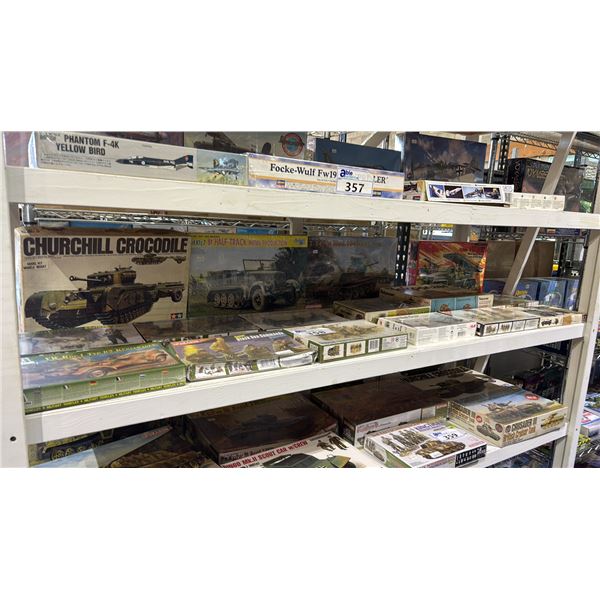 SHELF OF ASSORTED MILITARY VEHICLE MODEL KITS: * MOST ARE IN SEALED BOXES*