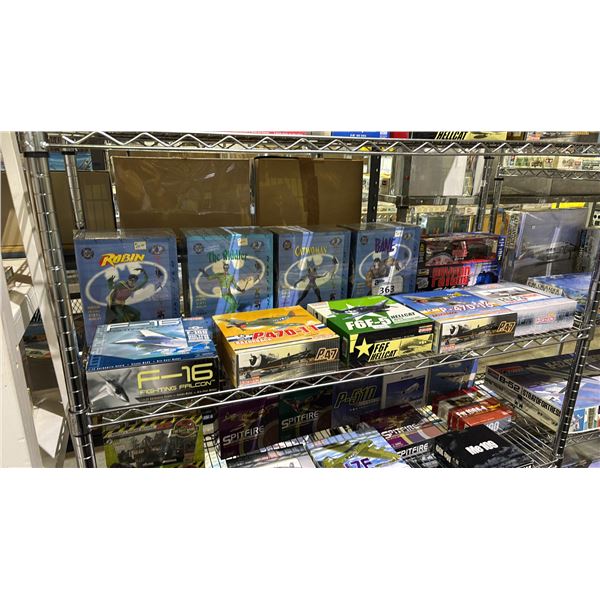 SHELF OF ASSORTED MODEL KITS: DC HORIZONTAL VINYL MODEL KITS, ASSORTED AIRPLANES & MORE