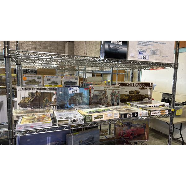 SHELF OF ASSORTED MILITARY VEHICLE & FIGURE MODEL KITS