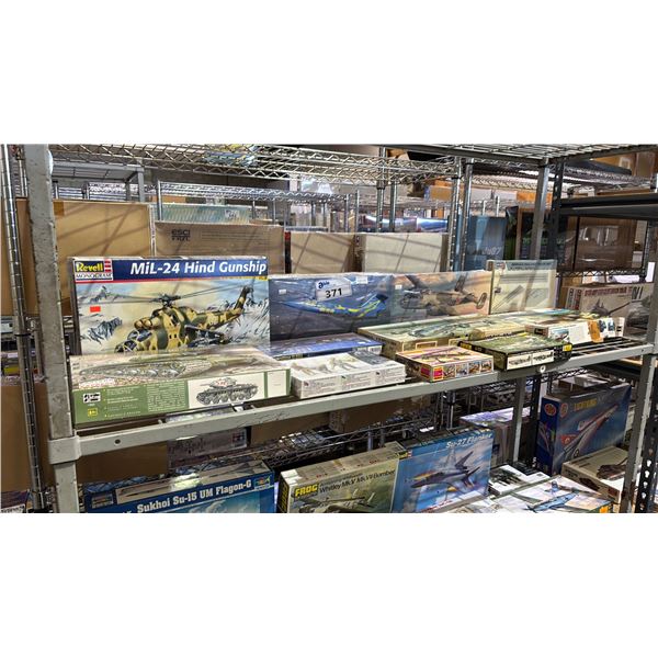 SHELF OF ASSORTED MODEL KITS: AIRPLANE, HELICOPTORS, TANK & MORE