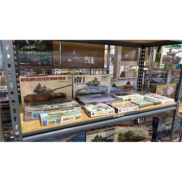 SHELF OF ASSORTED MODEL KITS: AIRPLANES, TANKS, MILITARY FIGURES & MORE