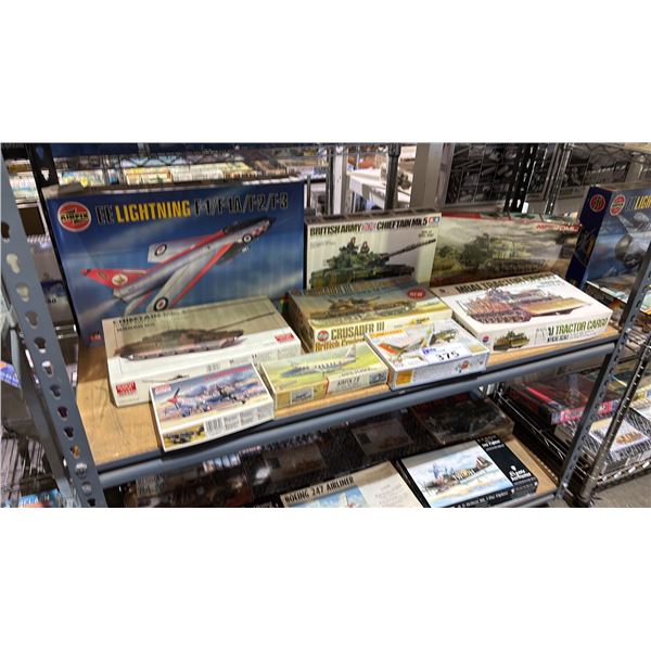 SHELF OF ASSORTED AIRPLANE & MILITARY TANK MODEL KITS