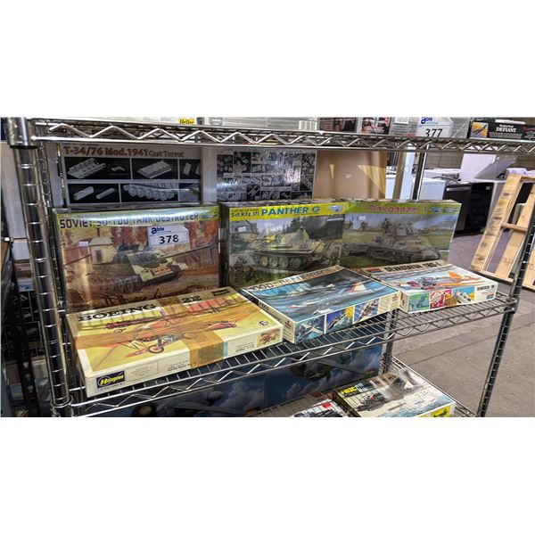 SHELF OF ASSORTED AIRPLANE & MILITARY VEHICLE MODEL KITS