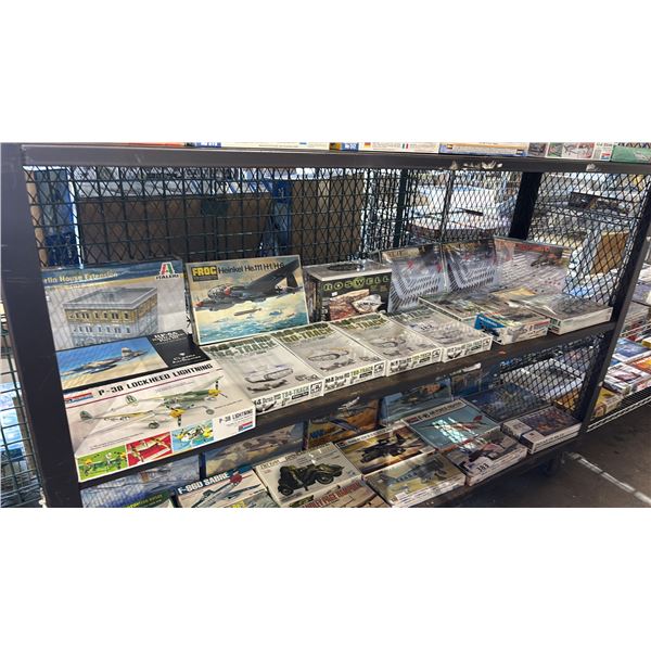 SHELF OF ASSORTED MODEL KITS: AIRPLANES, AIRCRAFT WEAPONS, TANKS & MORE