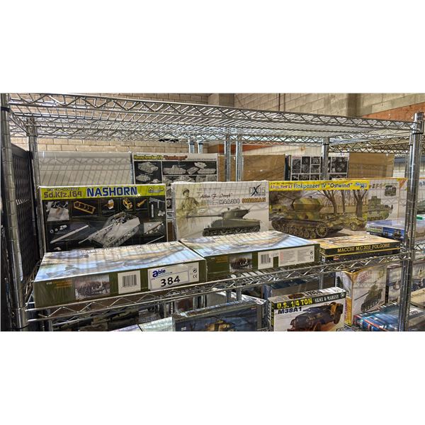 SHELF OF ASSORTED MODEL TANKS, PONTOON SETS & A MACCHI M.C.202 FOLGORE