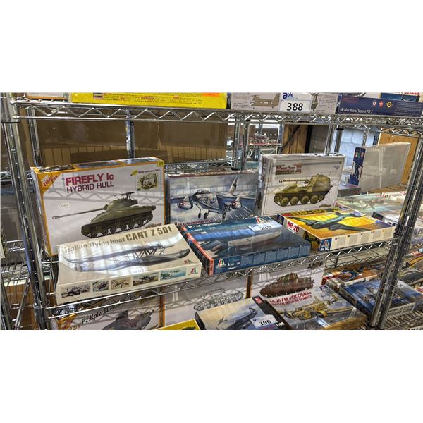 SHELF OF ASSORTED AIRPLANE, BOAT & MILITARY VEHICLE MODEL KITS