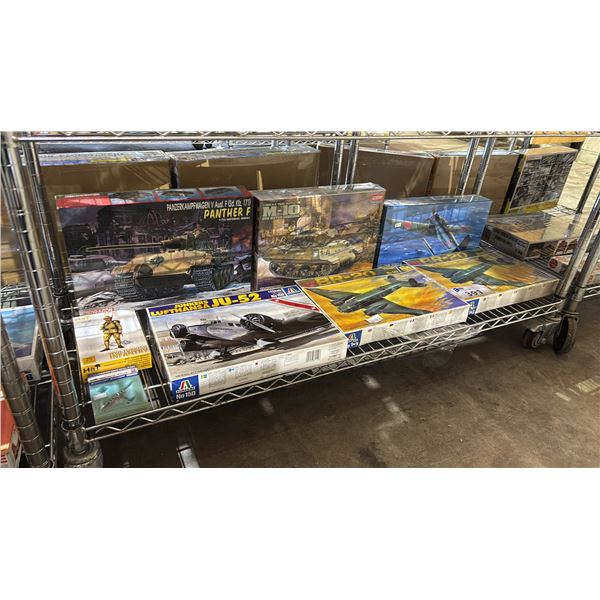 SHELF OF ASSORTED MODEL KITS: AIRPLANES, TANKS & MILITARY FIGURES