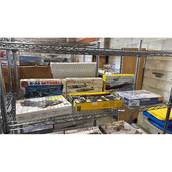 SHELF OF ASSORTED AIRPLANE & MILITARY VEHICLE MODEL KITS