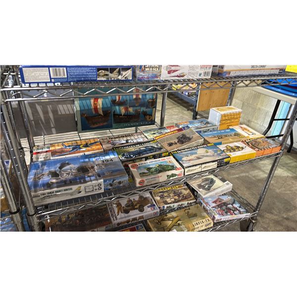 SHELF OF ASSORTED MODEL KITS: AIRPLANES, MILITARY VEHICLES, MILITARY FIGURES & MORE
