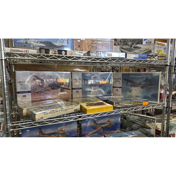 SHELF OF ASSORTED MODEL KITS: AIRPLANES, ERIAN CHARIOTS, BURGUNDIAN MOUNTED KNIGHTS & MORE