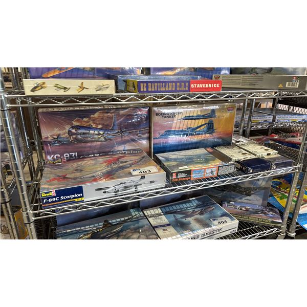 SHELF OF ASSORTED MODEL KITS; AIRPLANES, GERMAN HALFTRACKS, FARMER'S CART & MORE