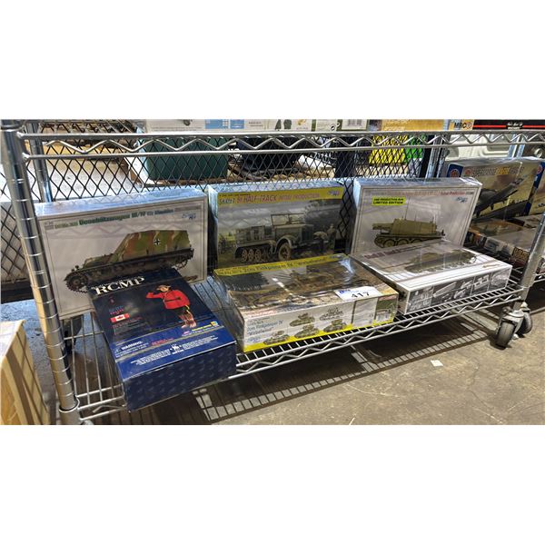 SHELF OF ASSORTED TANK MODEL KITS & AN RCMP OFFICER "JOHN STEEL"