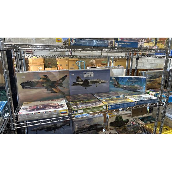 SHELF OF ASSORTED AIRPLANE & MILITARY VEHICLE MODEL KITS