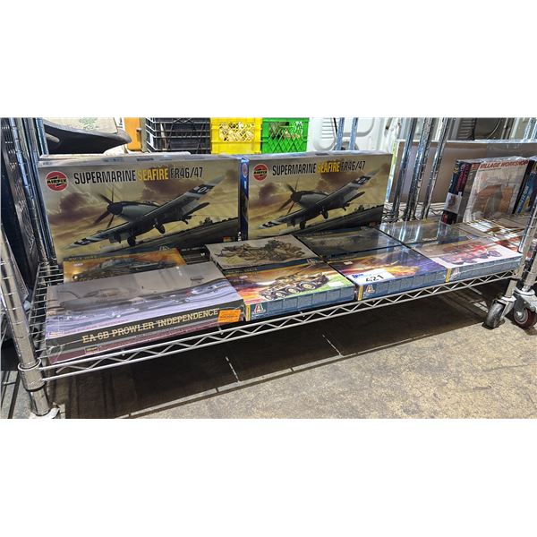 SHELF OF ASSORTED AIRPLANE & MILITARY VEHICLE MODEL KITS