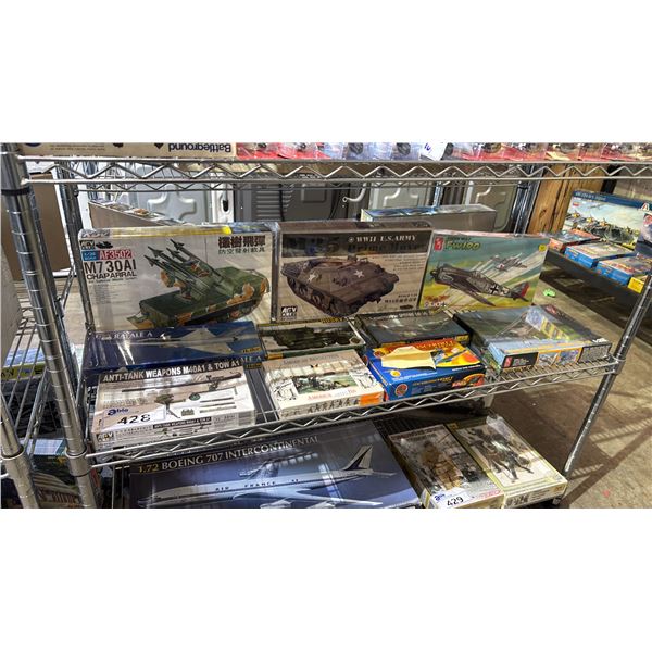 SHELF OF ASSORTED MODEL KITS: AIRPLANES, TANKS, ANTI-TANK WEAPONS & MORE