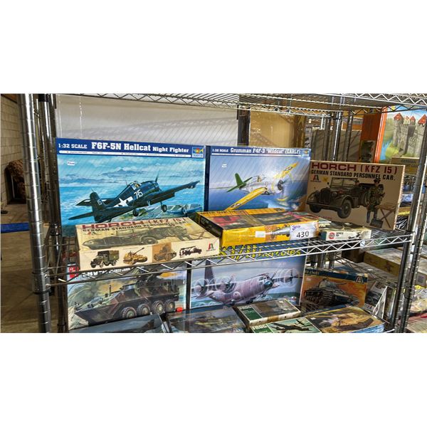 SHELF OF ASSORTED AIRPLANE & MILITARY VEHICLE MODEL KITS