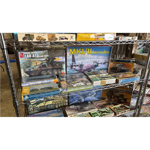 SHELF OF ASSORTED AIRPLANE & MILITARY VEHICLE MODEL KITS