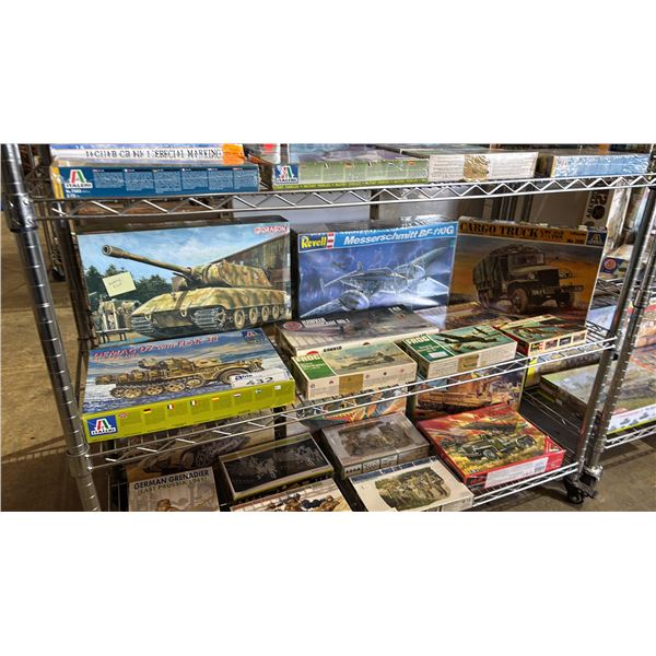 SHELF OF ASSORTED AIRPLANE & MILITARY VEHICLE MODEL KITS
