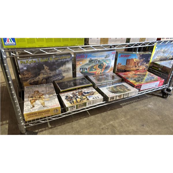 SHELF OF ASSORTED MODEL KITS: MILITARY VEHICLES, GERMAN STURMPIONIER, GERMAN GRENADIER & MORE