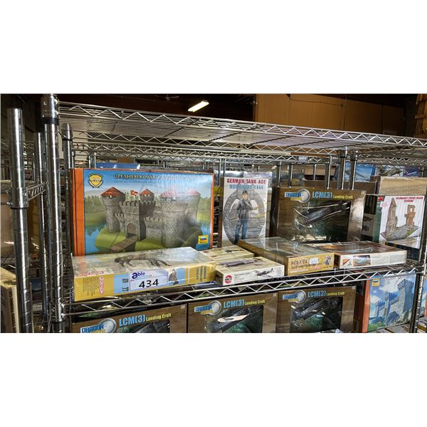 SHELF OF ASSORTED MODEL KITS: MEDIEVAL STONE FORTRESS, GERMAN TANK ACE, AIRPLANES & MORE
