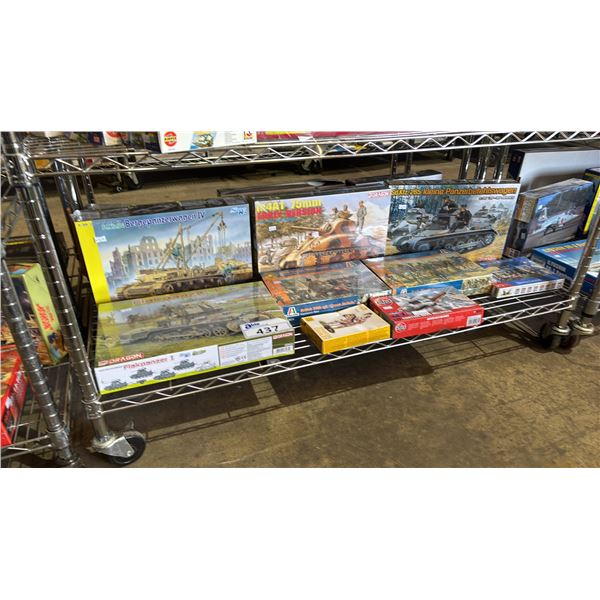 SHELF OF ASSORTED MODEL KITS: TANKS, FRENCH CAVALRY, ARAB WARRIORS & MORE