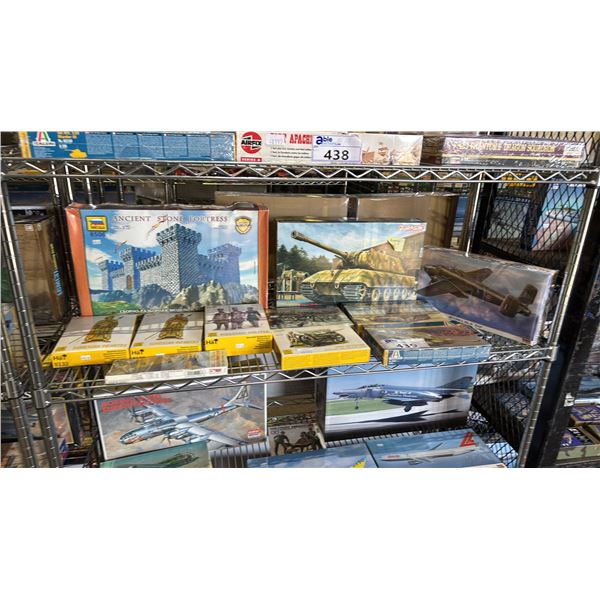 SHELF OF ASSORTED MODEL KITS: ANCIENT STONE FORTRESS, TANKS, AIRPLANES & MORE