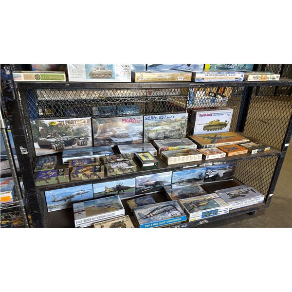 SHELF OF ASSORTED MODEL KITS: TANKS, AIRPLANES, BOAT & MORE