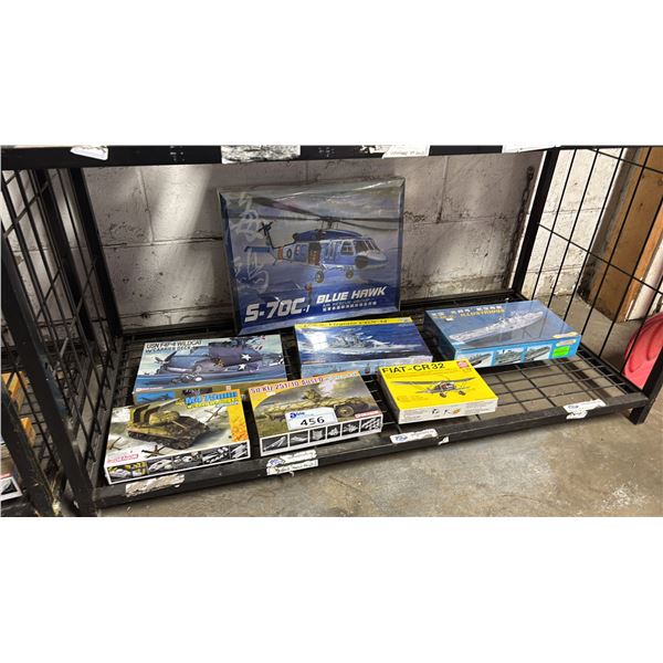 SHELF OF ASSORTED AIRCRAFT, SHIP & TANK MODEL KITS