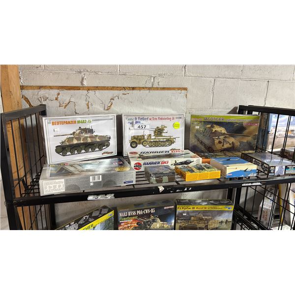 SHELF OF ASSORTED MODEL KITS: TANKS, AIRPLANES, FIGURES & MORE
