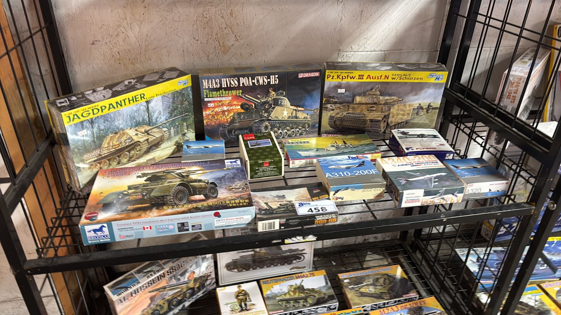Model Tank Shelf SHELF OF ASSORTED MODEL KITS: AIRCRAFT, TANKS & MISSILE DESTROYER SHIP ...