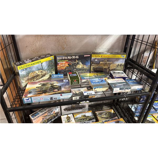 SHELF OF ASSORTED MODEL KITS: AIRCRAFT, TANKS & MISSILE DESTROYER SHIP