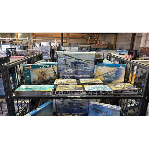 SHELF OF ASSORTED MODEL KITS: VIKING SHIP, TANKS, AIRPLANES & HELICOPTER