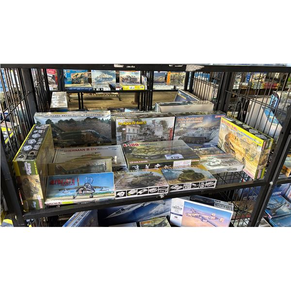 SHELF OF ASSORTED MODEL KITS, TANKS, AIRPLANES & FIGURES