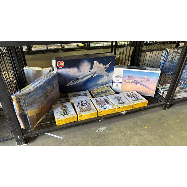 SHELF OF ASSORTED AIRPLANE MODEL KITS & FIGURE SETS