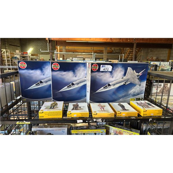 SHELF OF BAC TSR-2 AIRPLANE MODEL KITS & ASSORTED FIGURE SETS