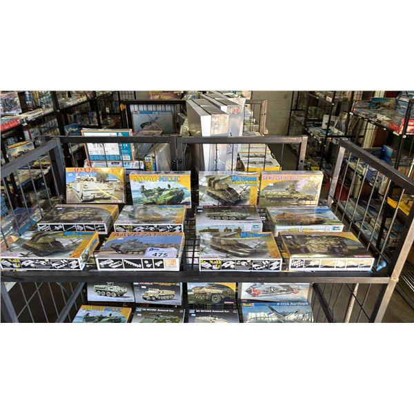 SHELF OF ASSORTED MILITARY TANK MODEL KITS