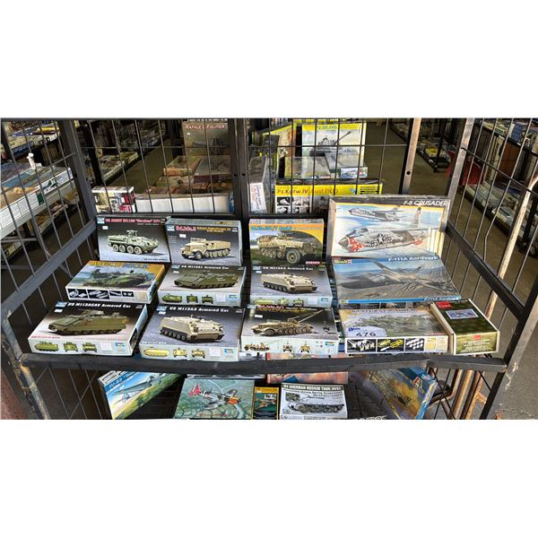 SHELF OF ASSORTED MILITARY VEHICLE MODEL KITS