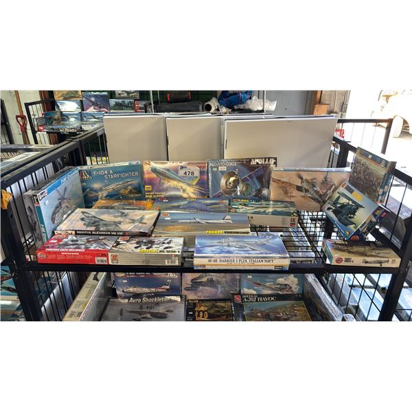 SHELF OF ASSORTED AIRPLANE MODEL KITS