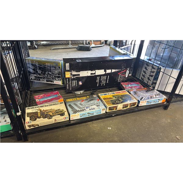 SHELF OF ASSORTED MODEL KITS: MILITARY VEHICLES, AIRCRAFT WEAPONS, AIRPLANES & ROCKET