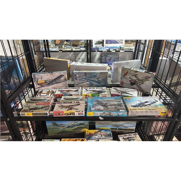 SHELF OF ASSORTED AIRPLANE MODEL KITS
