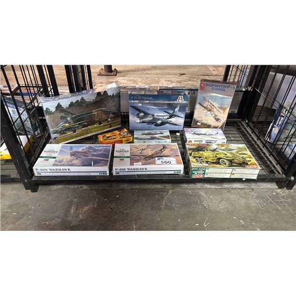 SHELF OF ASSORTED AIRPLANE MODEL KITS & A TANK MODEL KIT