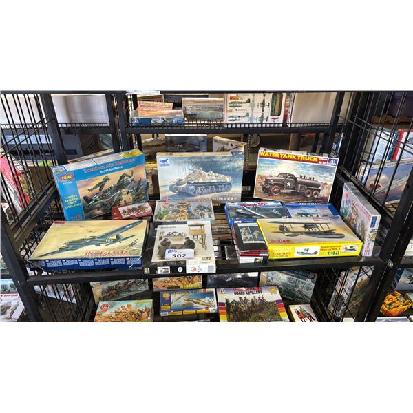 SHELF OF ASSORTED MODEL KITS: AIRPLANES, TANK, WATER TANK TRUCK & MORE